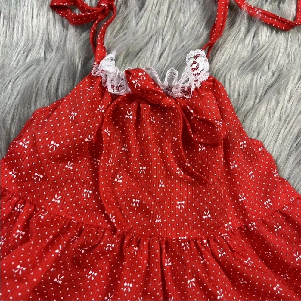 Vintage Baby Girls Red White Floral Lace Ruffle Shoulder Tie Sun Dress